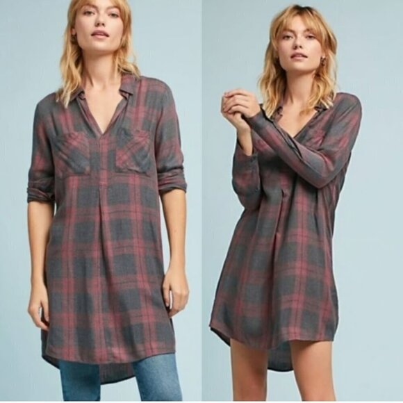 Anthropologie Cloth & Stone Women's Size S Gray Plaid Long Sleeve Shirt Dress - Picture 1 of 14